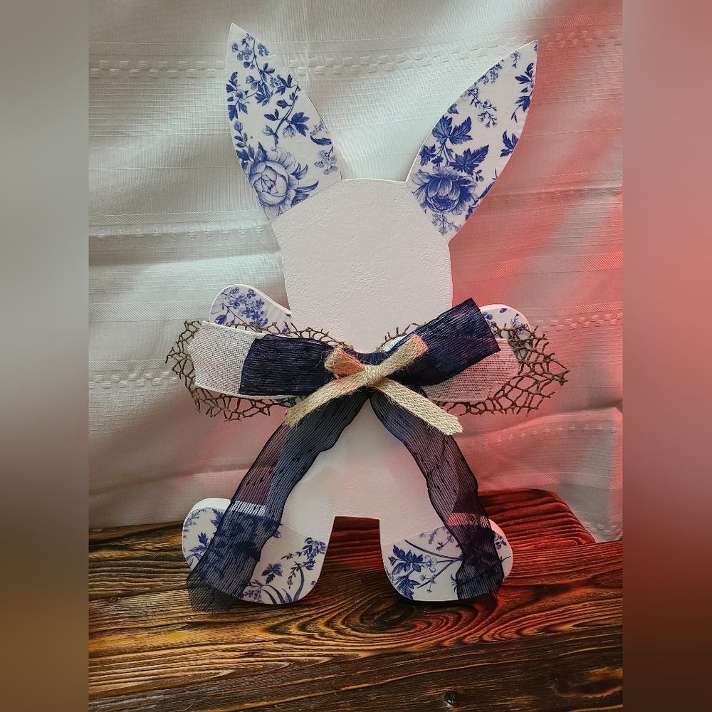 Floral Blue and White Chinoiserie Style Hanging Wood Bunny Easter Spring Decor